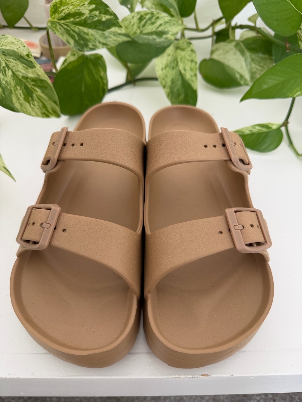 Amazon Tan Double Buckle Slide Sandals